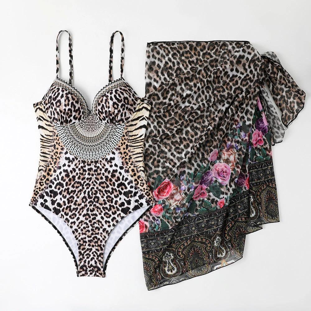 Traje de baño de una pieza informal con estampado de leopardo, de malla, largo