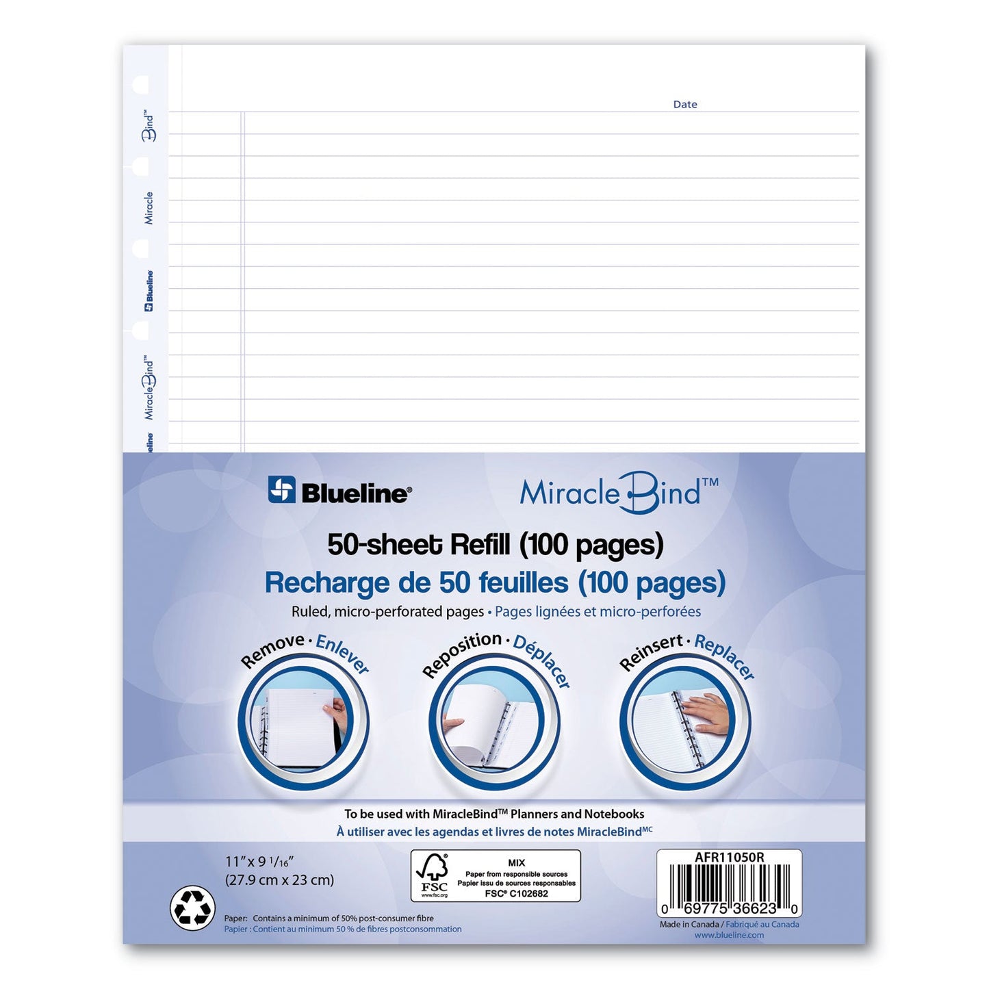 Blueline MiracleBind Ruled Paper Refill Sheets for all MiracleBind Notebooks and Planners, 11 x 9.06, White/Blue Sheets, Undated