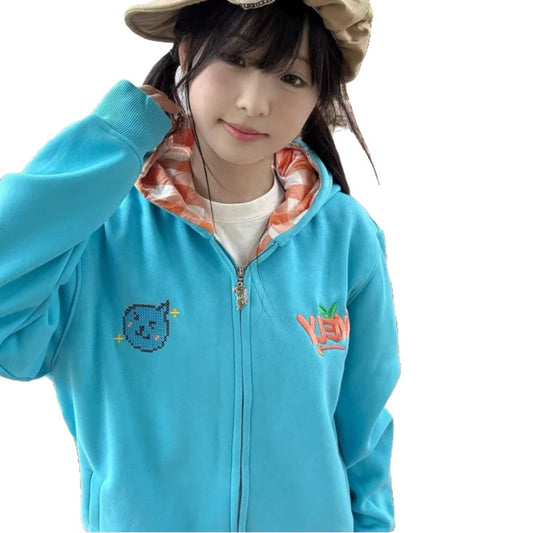 Cartoon Embroidered Zip-Up Hoodie
