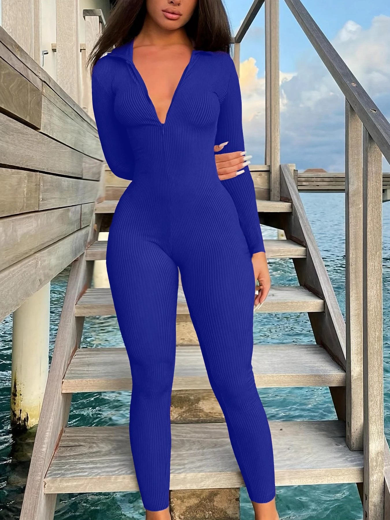 Casual Ribbed Zip-up Jumpsuit Long Sleeves