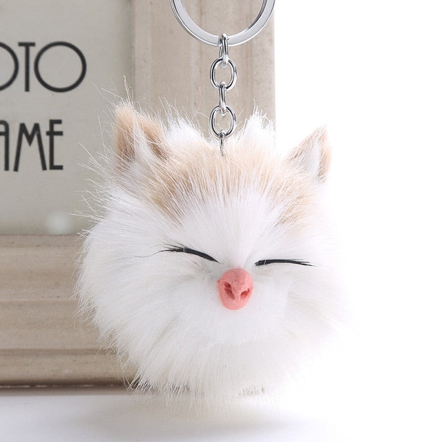 Cute Sleeping Smile Cat Pompom Keychain