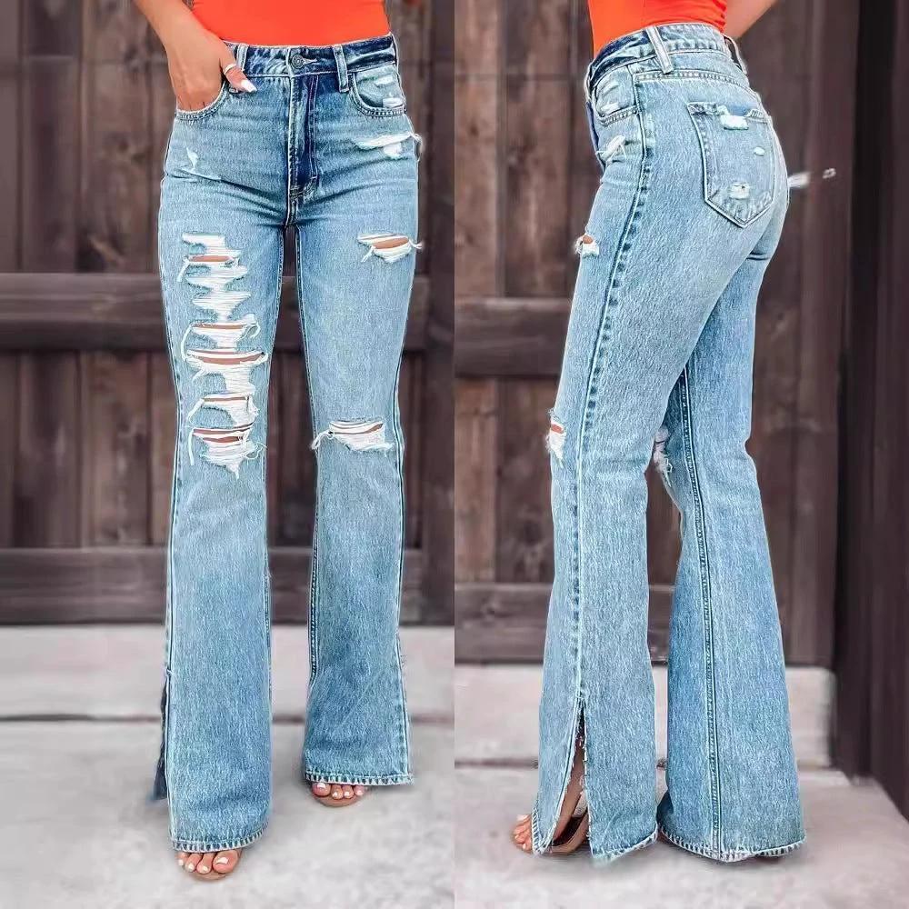Pantalones vaqueros de mujer de cintura alta, rotos, ligeramente elásticos y divididos