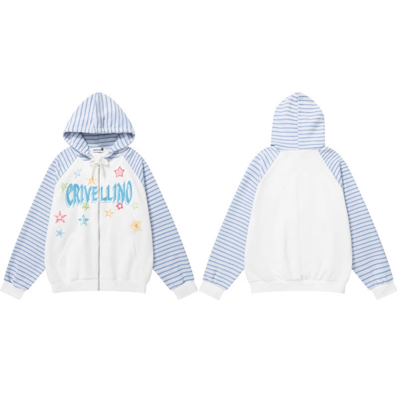 Sudadera con capucha Star Graffiti: Chaqueta tipo cárdigan versátil con patchwork de rayas azules y blancas