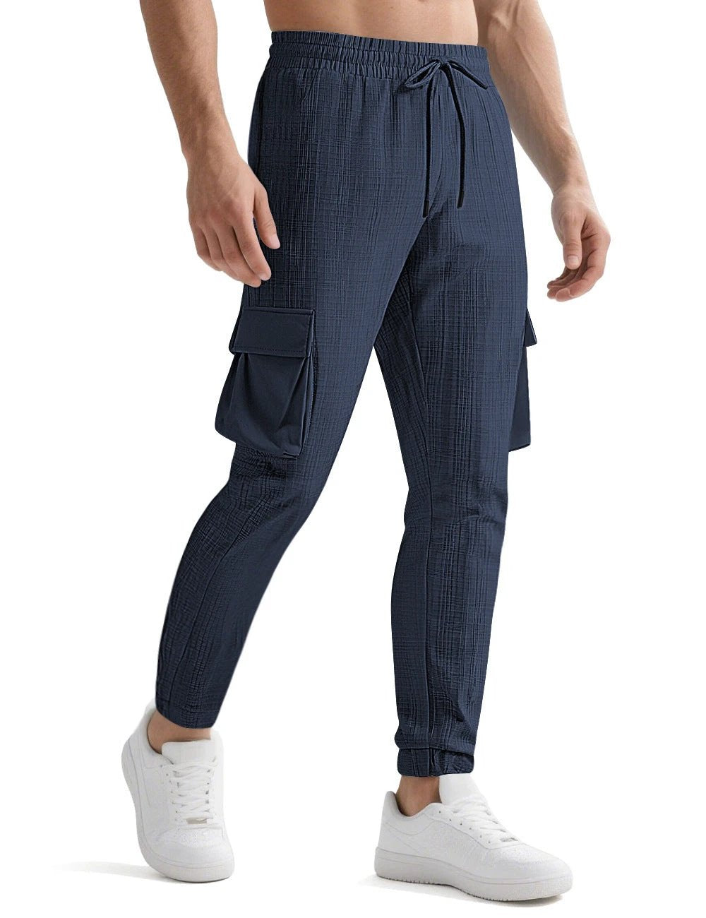 Pantalones deportivos casuales de moda con cordón y múltiples bolsillos para hombre