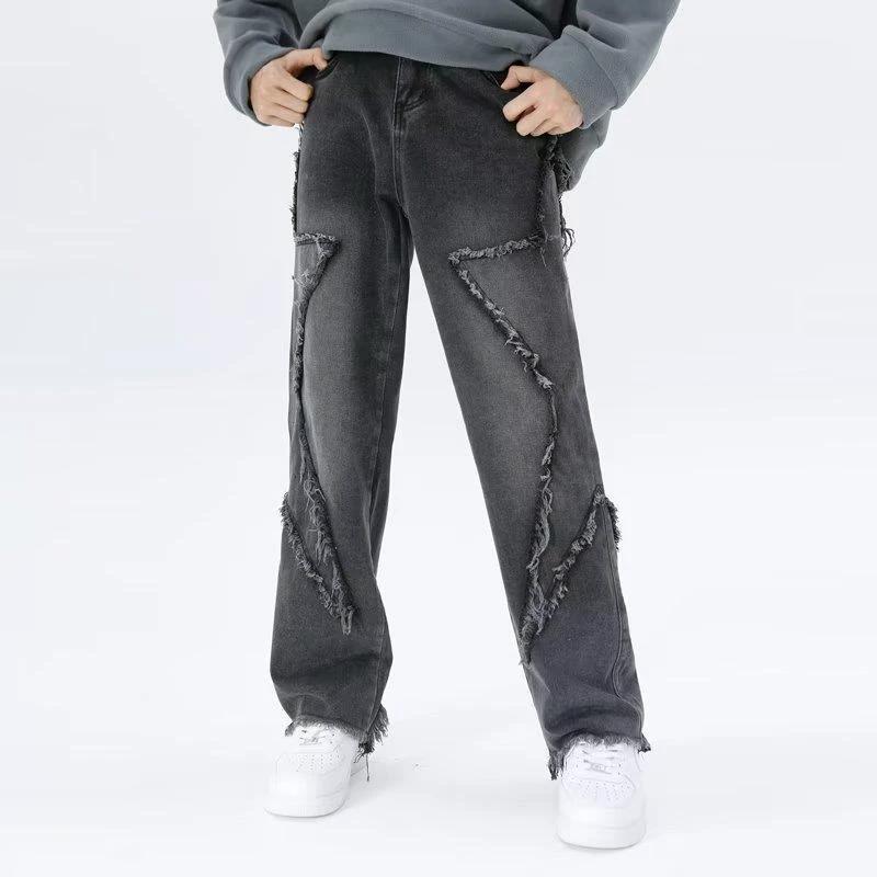 Raw Hem Jeans Men's American High Street Straight-leg Pants