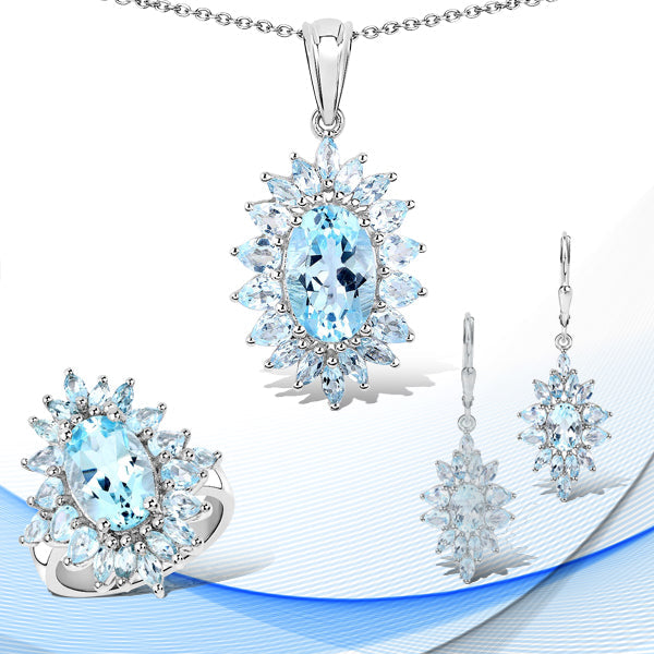 Conjunto de joyas de 3 piezas de plata de ley .925 con topacio azul genuino de 19.18 quilates (anillo, pendientes y colgante con cadena)