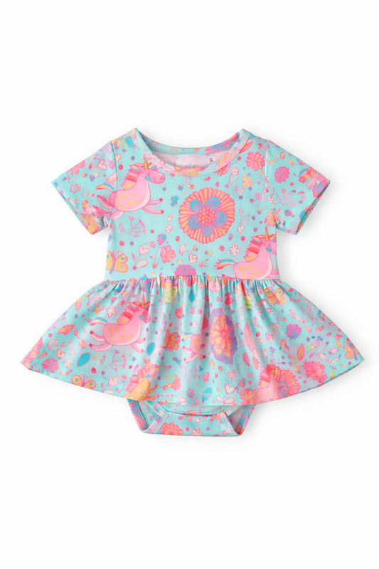 SALE Blue Retro Unicorns S/S Twirl Bodysuit