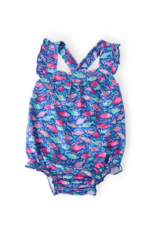 Fish in the Sea Ruffle Cross Back Romper