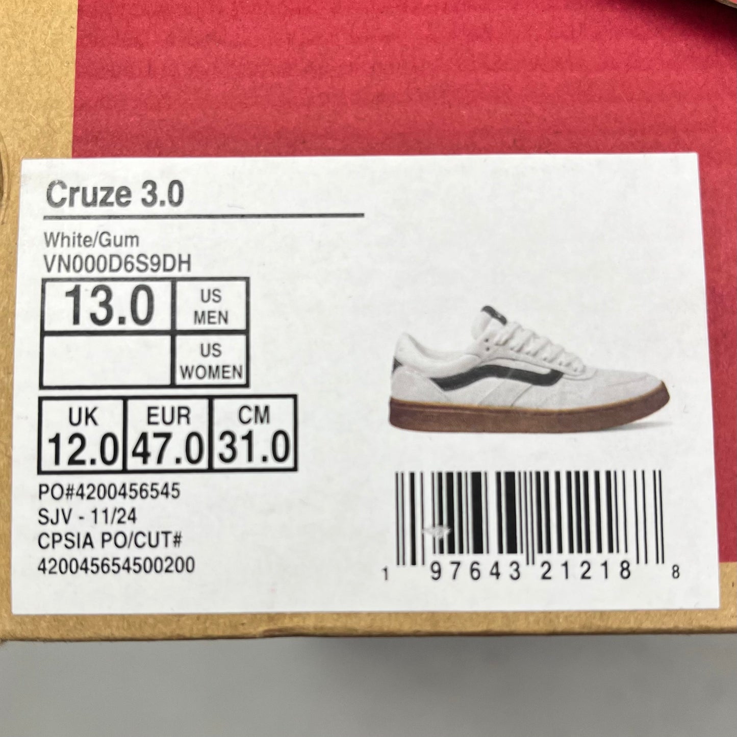Zapatillas VANS Cruze 3.0 para hombre, talla 13,0, blanco/goma VN000D6S9DH