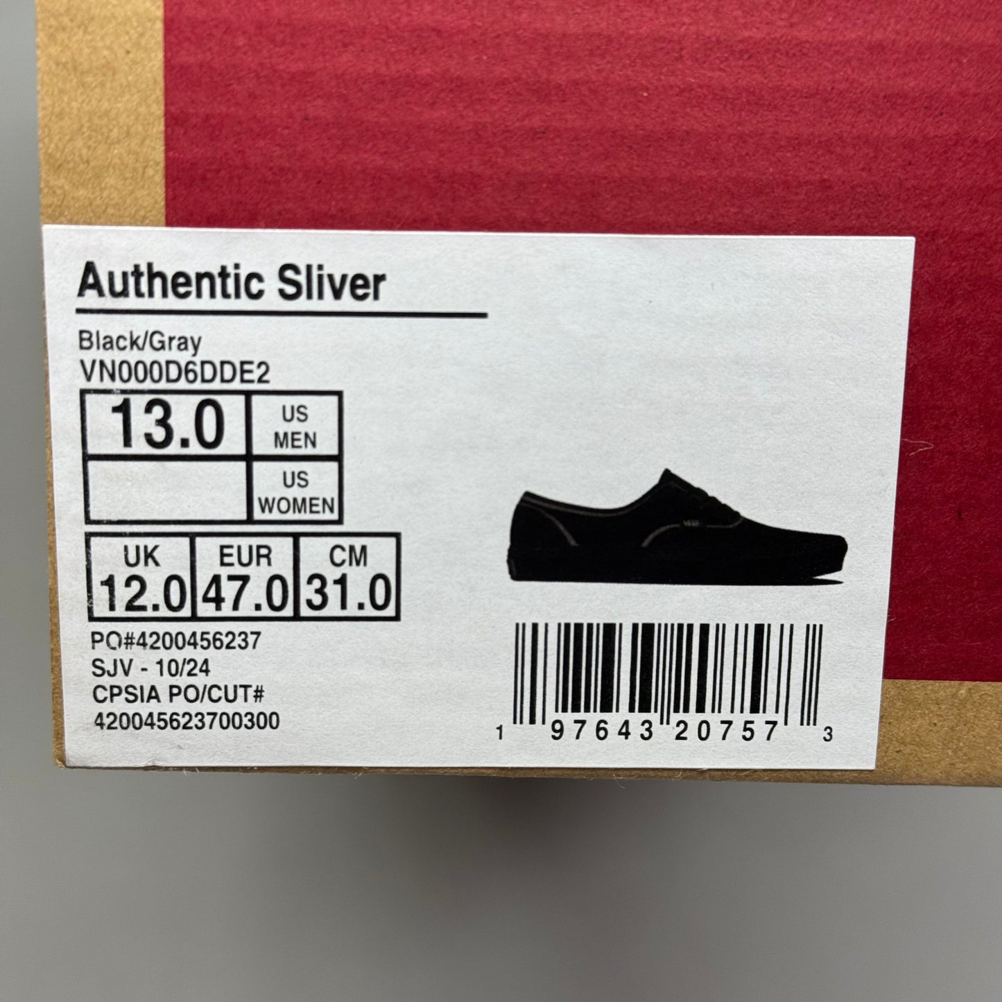 Zapatillas VANS Authentic Sliver para hombre, talla 13.0, color negro/gris VN000D6DDE2