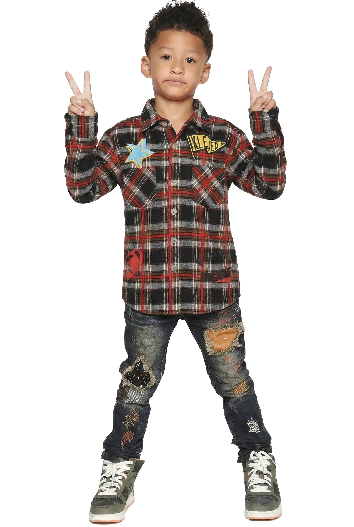 Camisa de franela premium de peso medio para niños MALLARD con bordados intensos, parches y estampados
