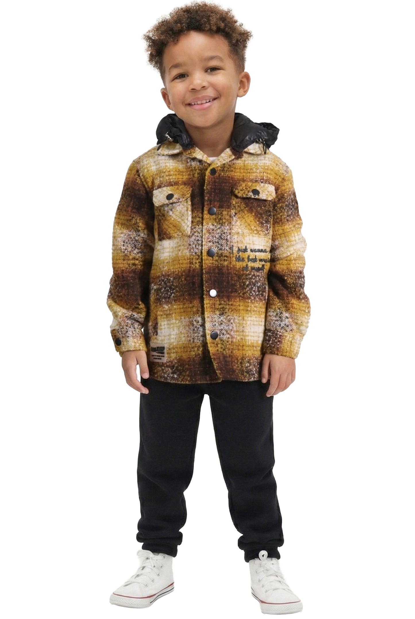 Camisa exterior de franela extragrande para niños BENIT con capucha acolchada desmontable