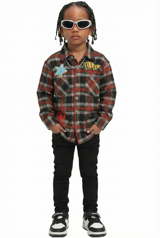 Camisa de franela premium de peso medio para niños MALLARD con bordados intensos, parches y estampados
