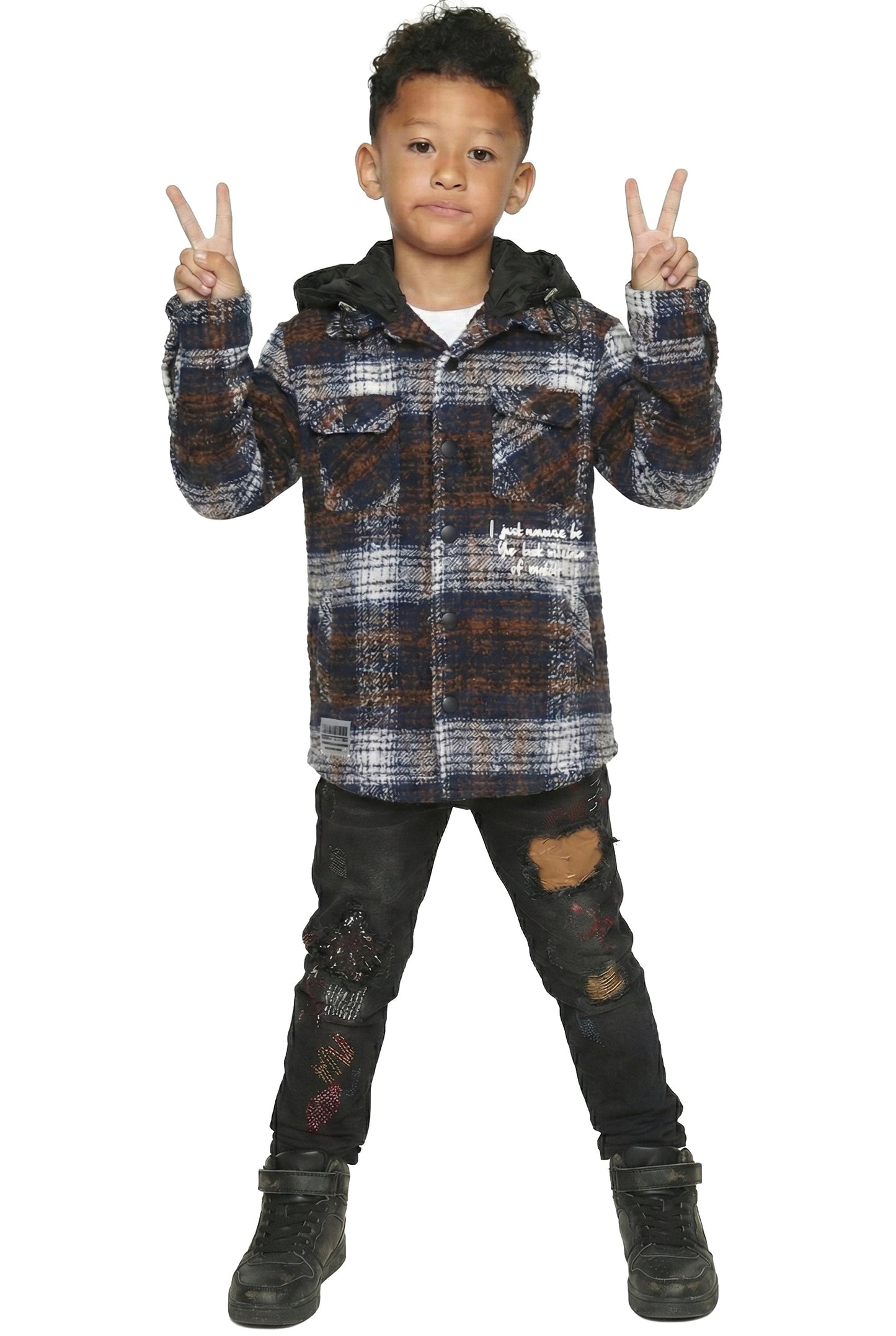 Camisa exterior de franela extragrande para niños REYNA con capucha acolchada desmontable