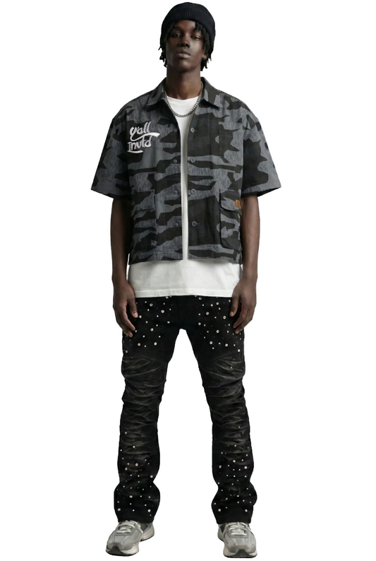 Camisa de manga corta con botones y corte cuadrado de sarga fina antidesgarro NOIR