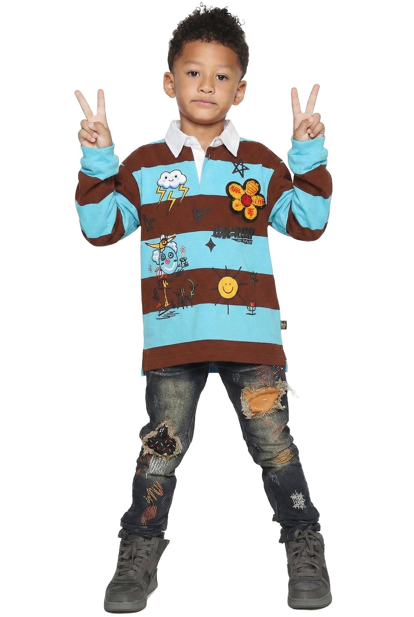 Polo de manga larga para niños JORDY con estampados intensos y parches