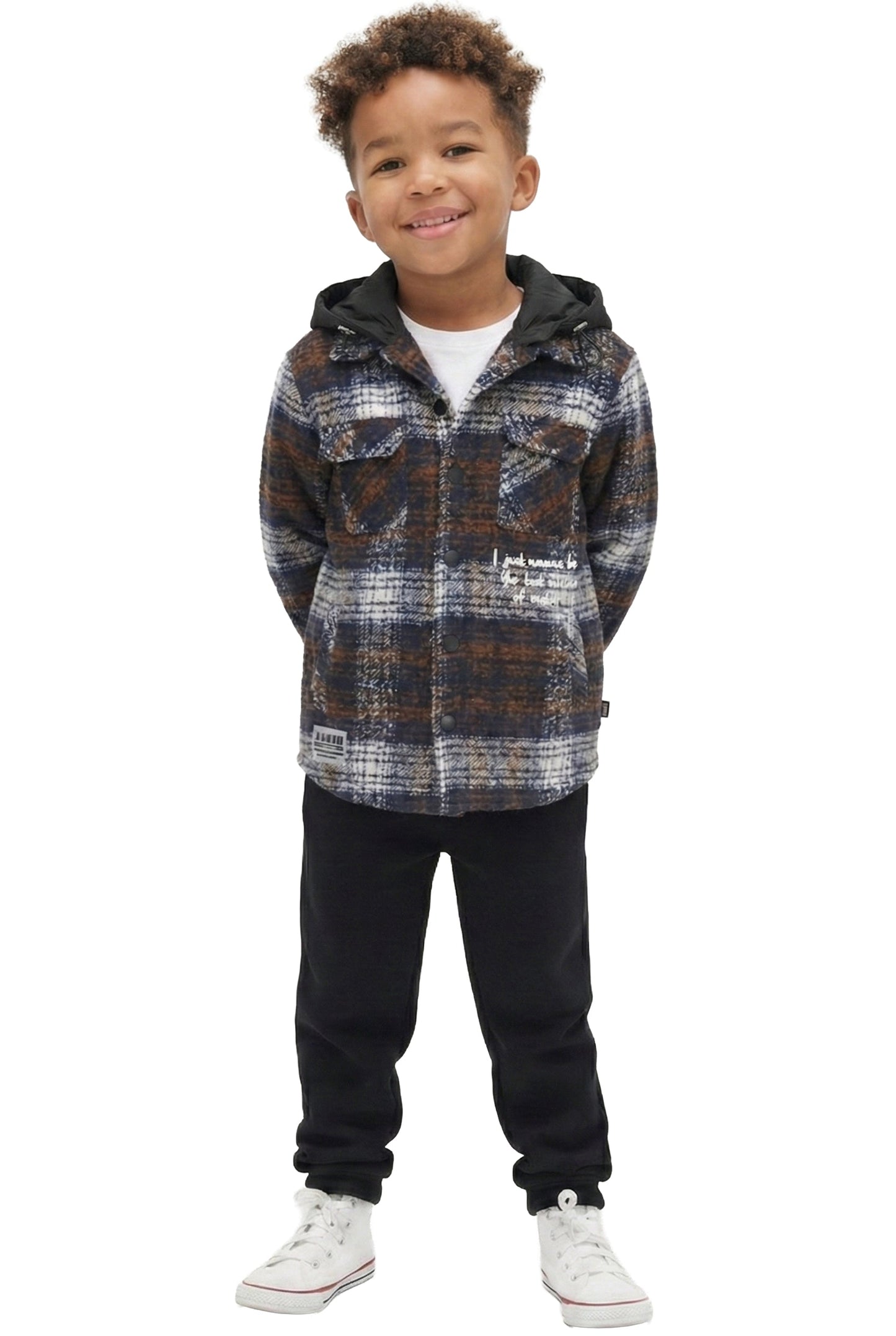 Camisa exterior de franela extragrande para niños REYNA con capucha acolchada desmontable