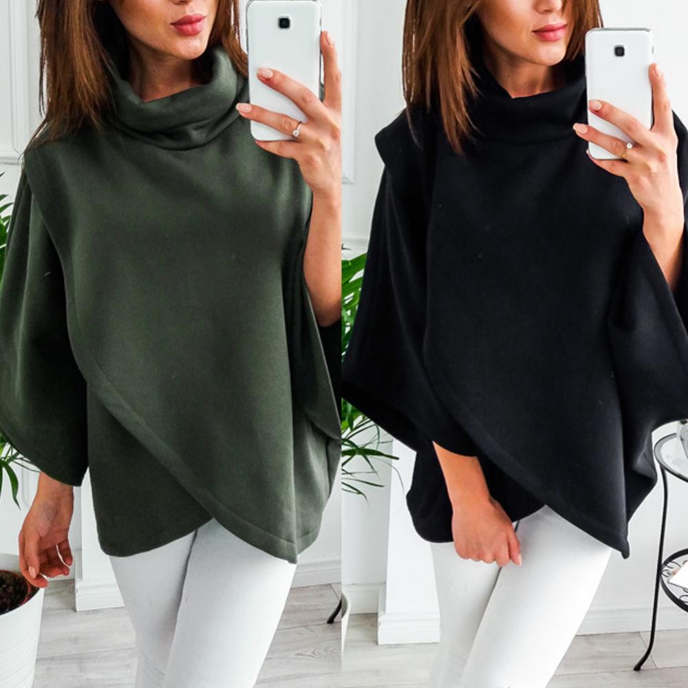 Poncho cruzado de cuello alto con mangas de murciélago y capucha lisa