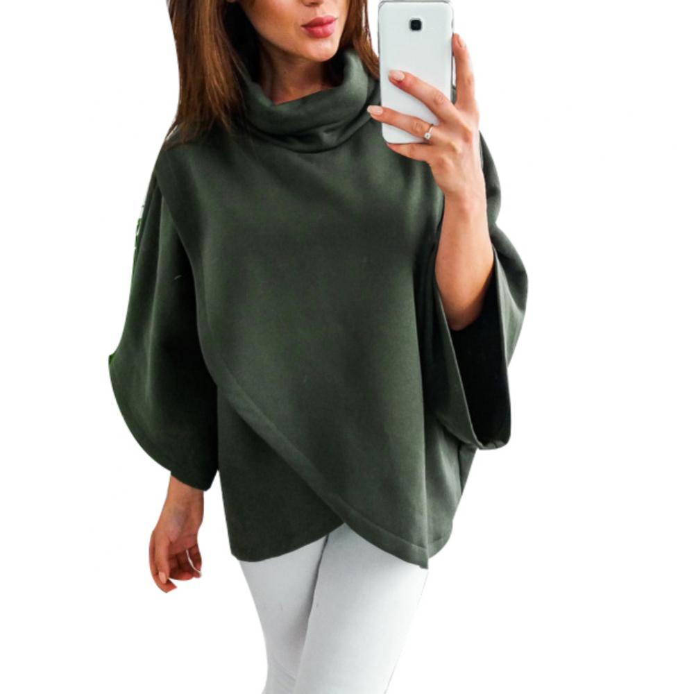 Poncho cruzado de cuello alto con mangas de murciélago y capucha lisa