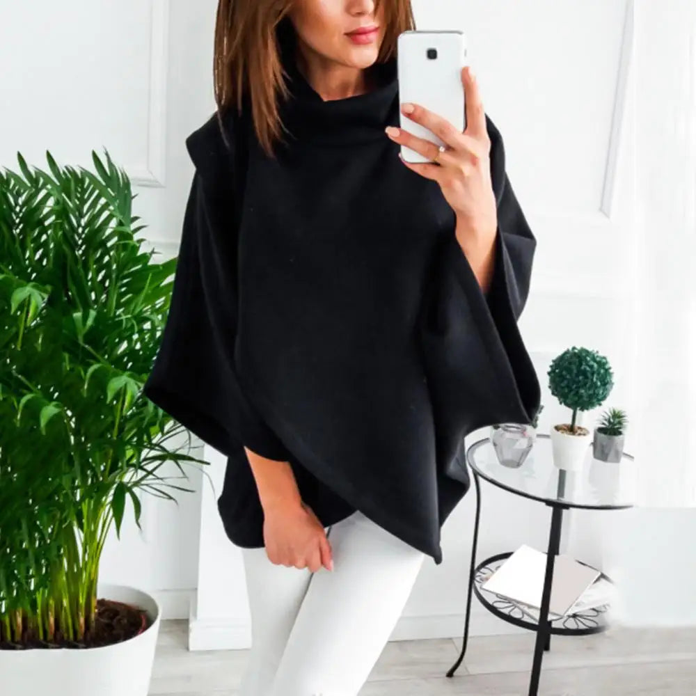 Poncho cruzado de cuello alto con mangas de murciélago y capucha lisa
