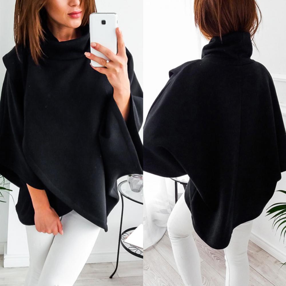Poncho cruzado de cuello alto con mangas de murciélago y capucha lisa
