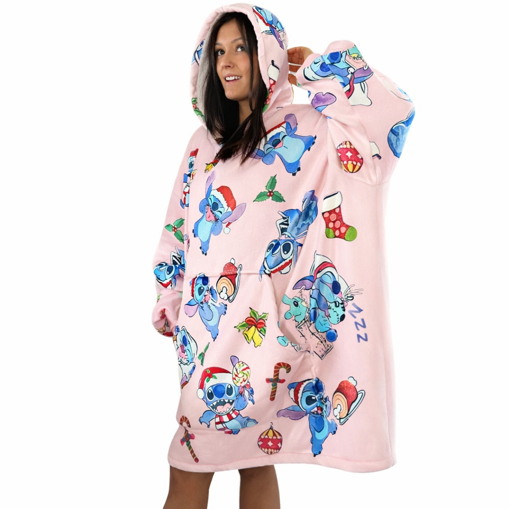Manta extragrande con capucha Stitch - Sherpa rosa para niños y adultos | OLM Toys 