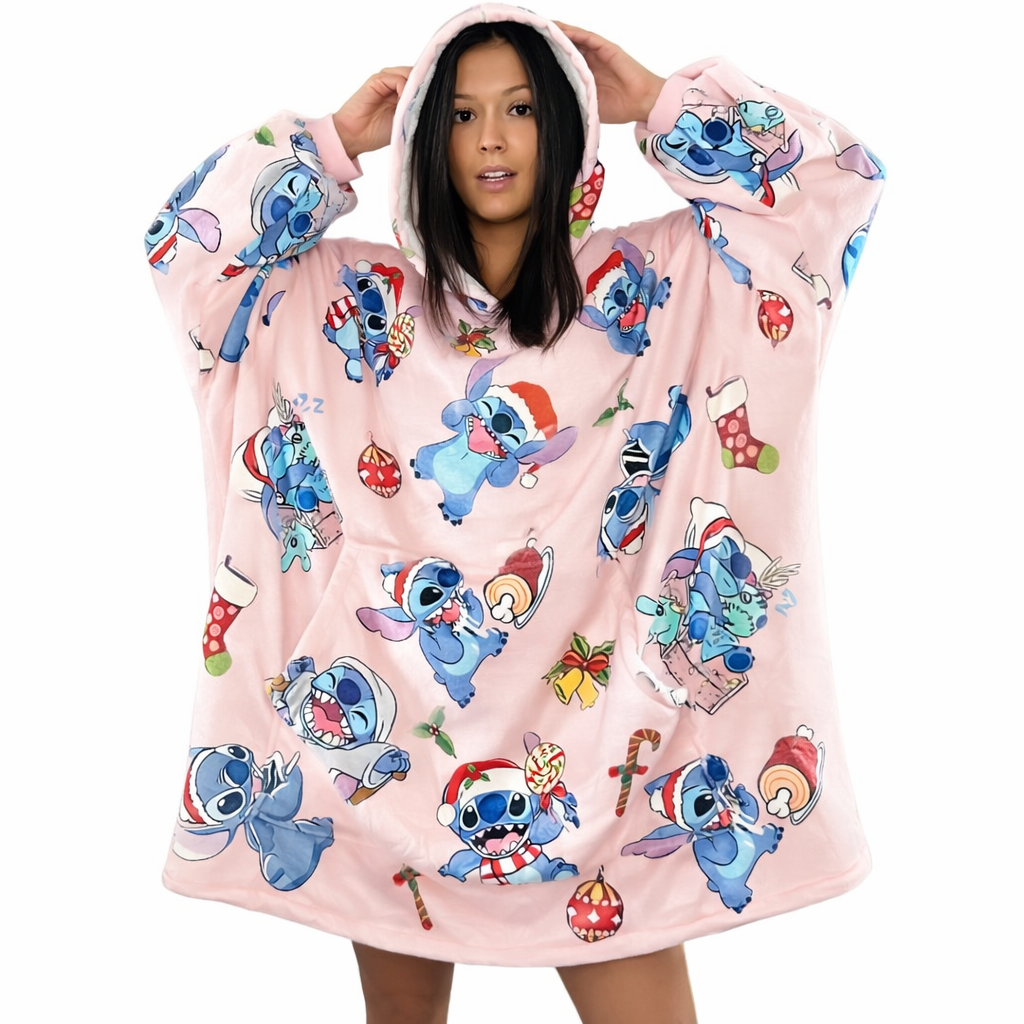 Manta extragrande con capucha Stitch - Sherpa rosa para niños y adultos | OLM Toys 