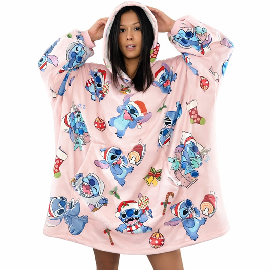 Manta extragrande con capucha Stitch - Sherpa rosa para niños y adultos | OLM Toys 