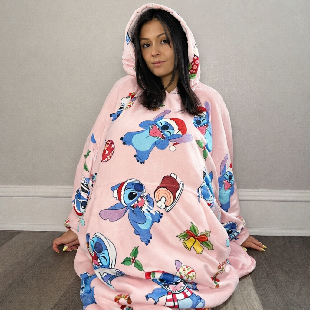 Manta extragrande con capucha Stitch - Sherpa rosa para niños y adultos | OLM Toys 
