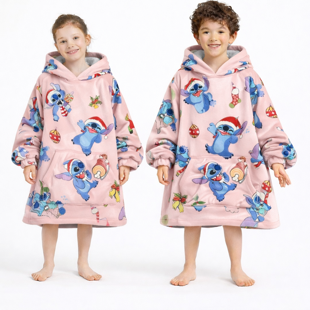 Manta extragrande con capucha Stitch - Sherpa rosa para niños y adultos | OLM Toys 