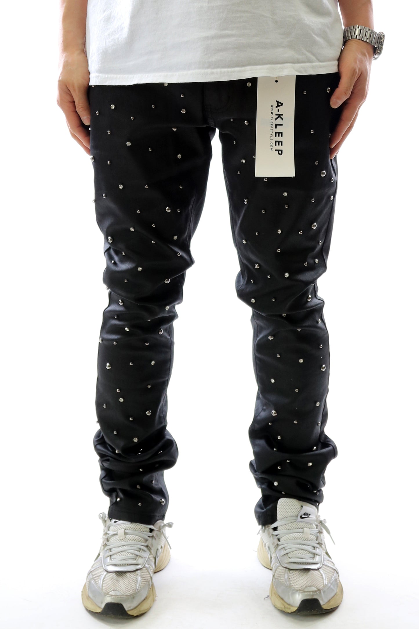 Pantalones vaqueros ajustados con revestimiento de cera premium para hombre de CLAY con tachuelas de cristal en la parte delantera