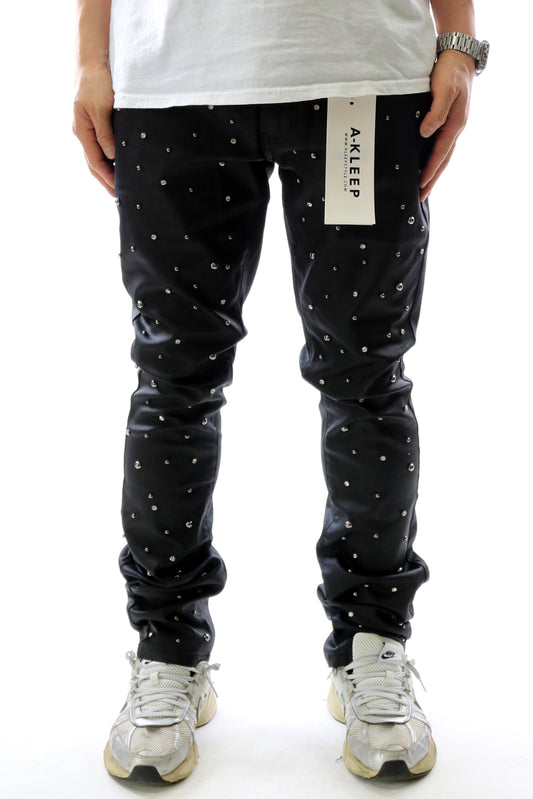 Pantalones vaqueros ajustados con revestimiento de cera premium para hombre de CLAY con tachuelas de cristal en la parte delantera