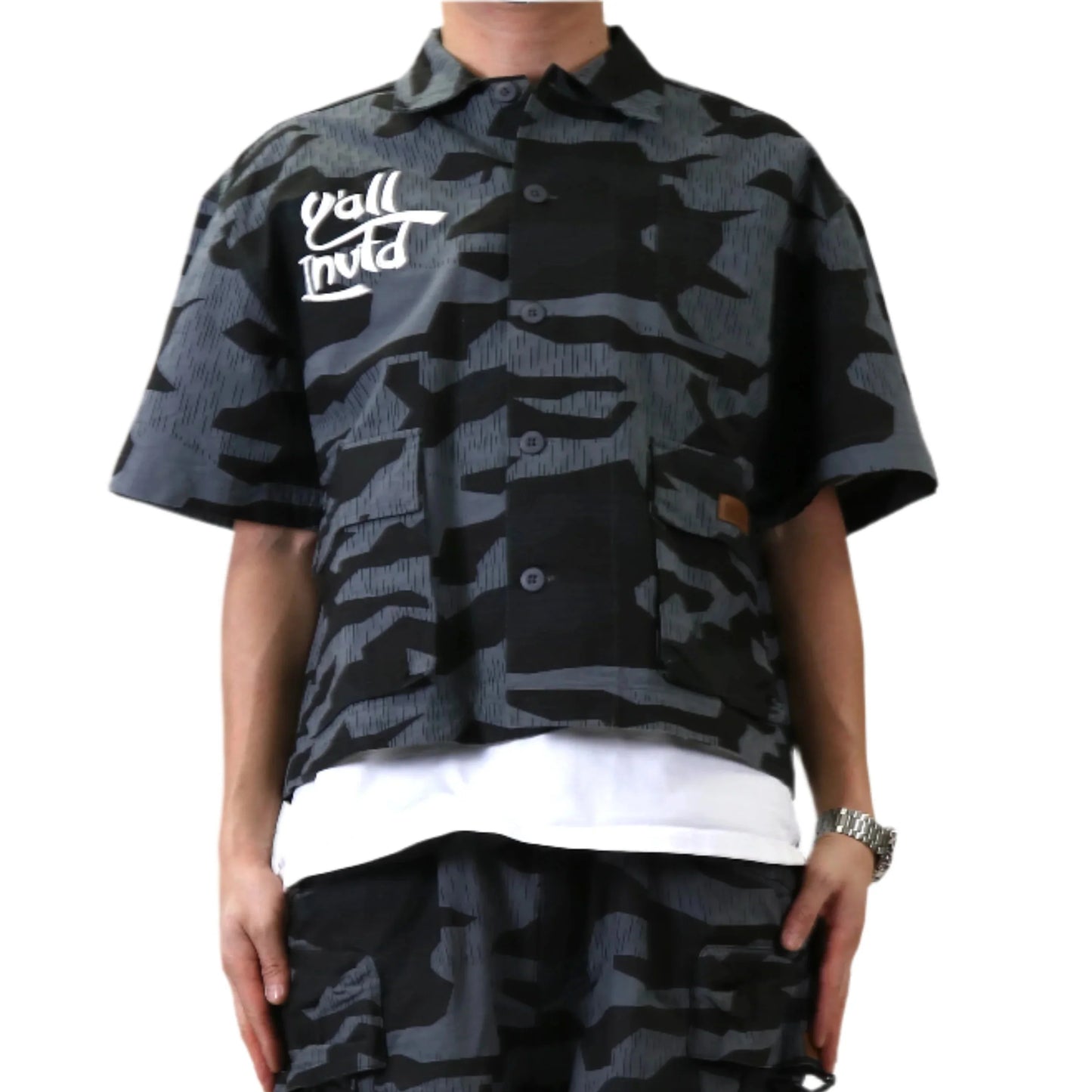 Camisa de manga corta con botones y corte cuadrado de sarga fina antidesgarro NOIR
