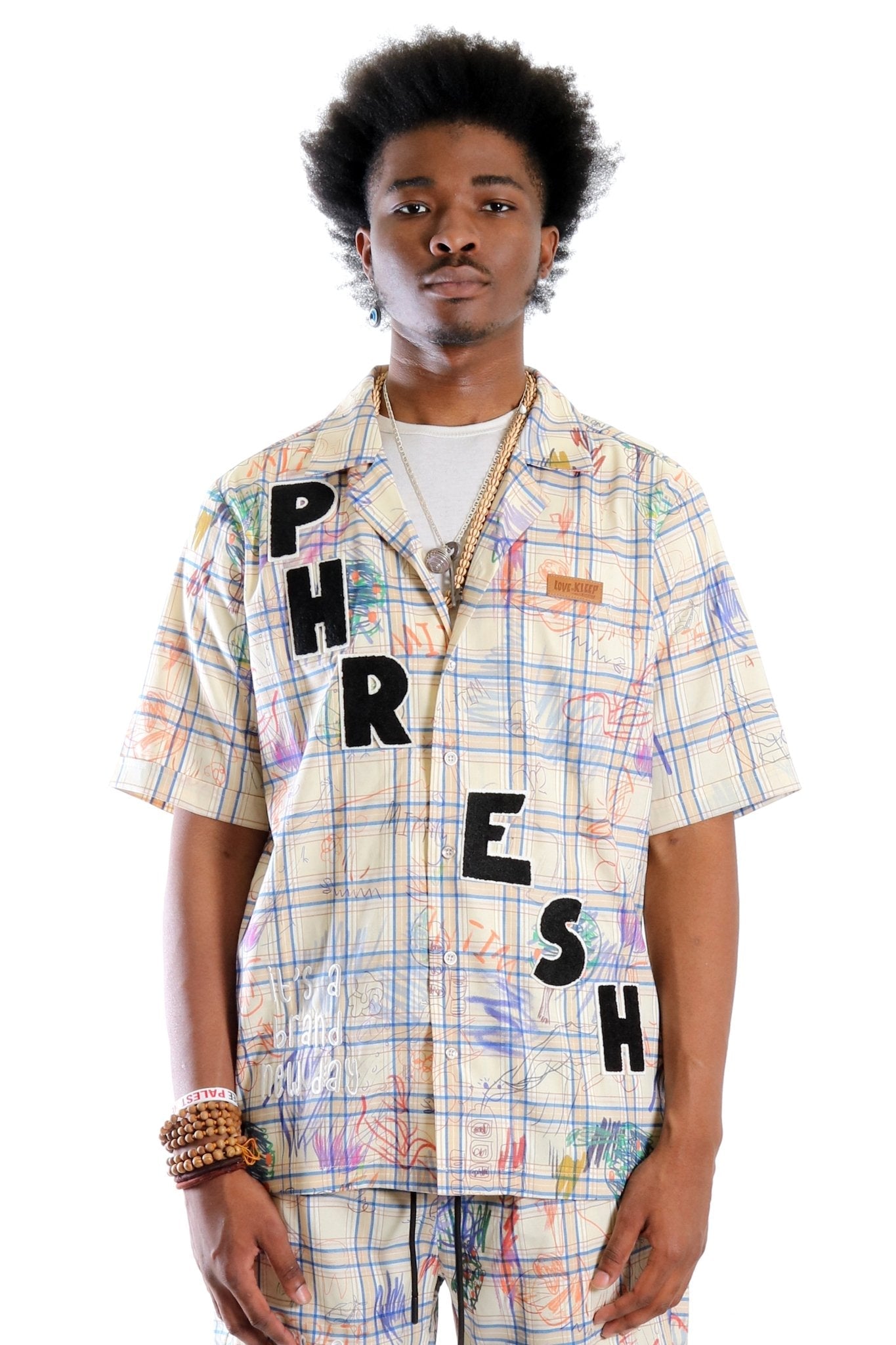 Camisa a cuadros de manga corta premium Nirve LTK para hombre con botones y dibujo pop art a mano