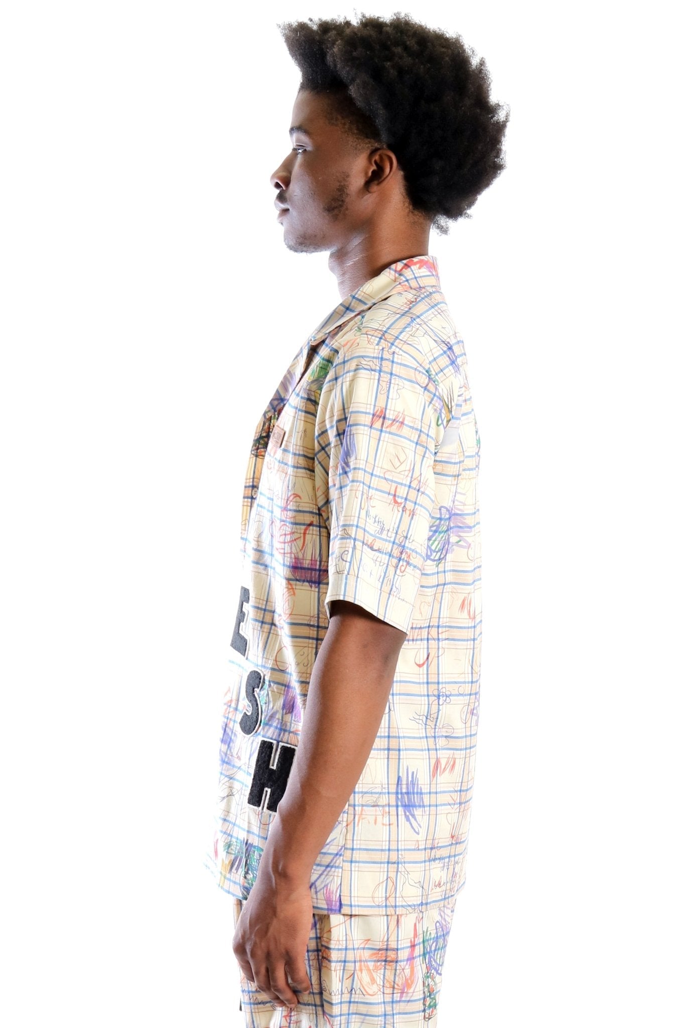 Camisa a cuadros de manga corta premium Nirve LTK para hombre con botones y dibujo pop art a mano