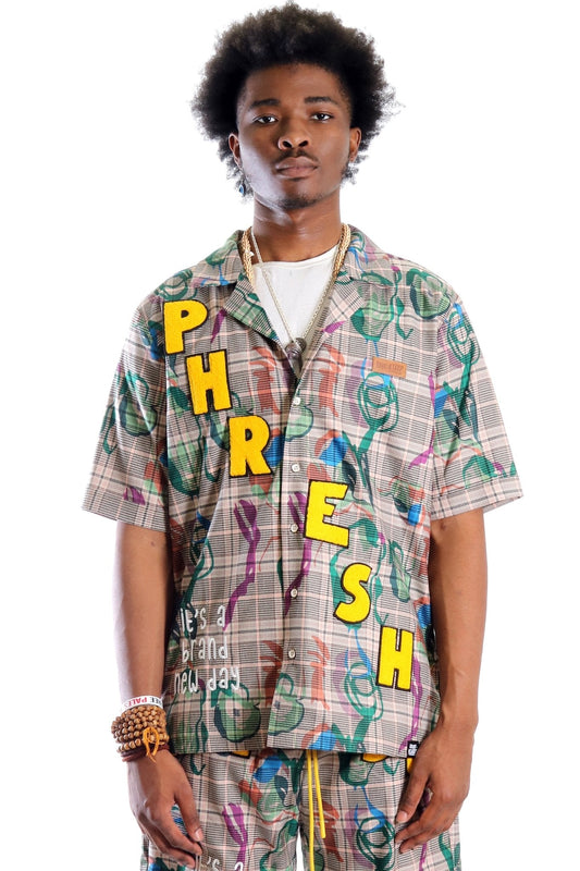 Camisa a cuadros de manga corta premium para hombre Willie LTK con botones y dibujo pop art a mano