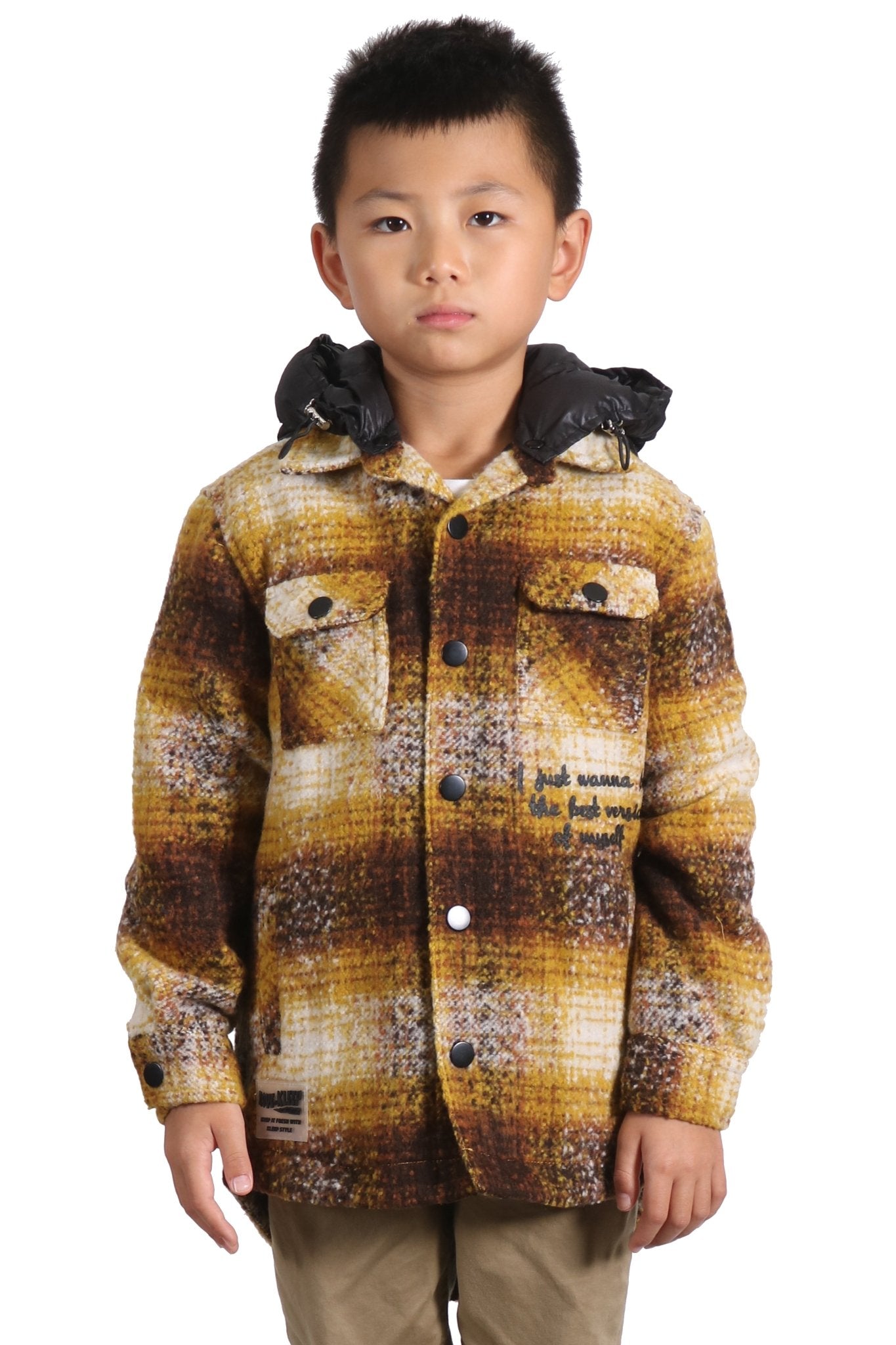 Camisa exterior de franela extragrande para niños BENIT con capucha acolchada desmontable