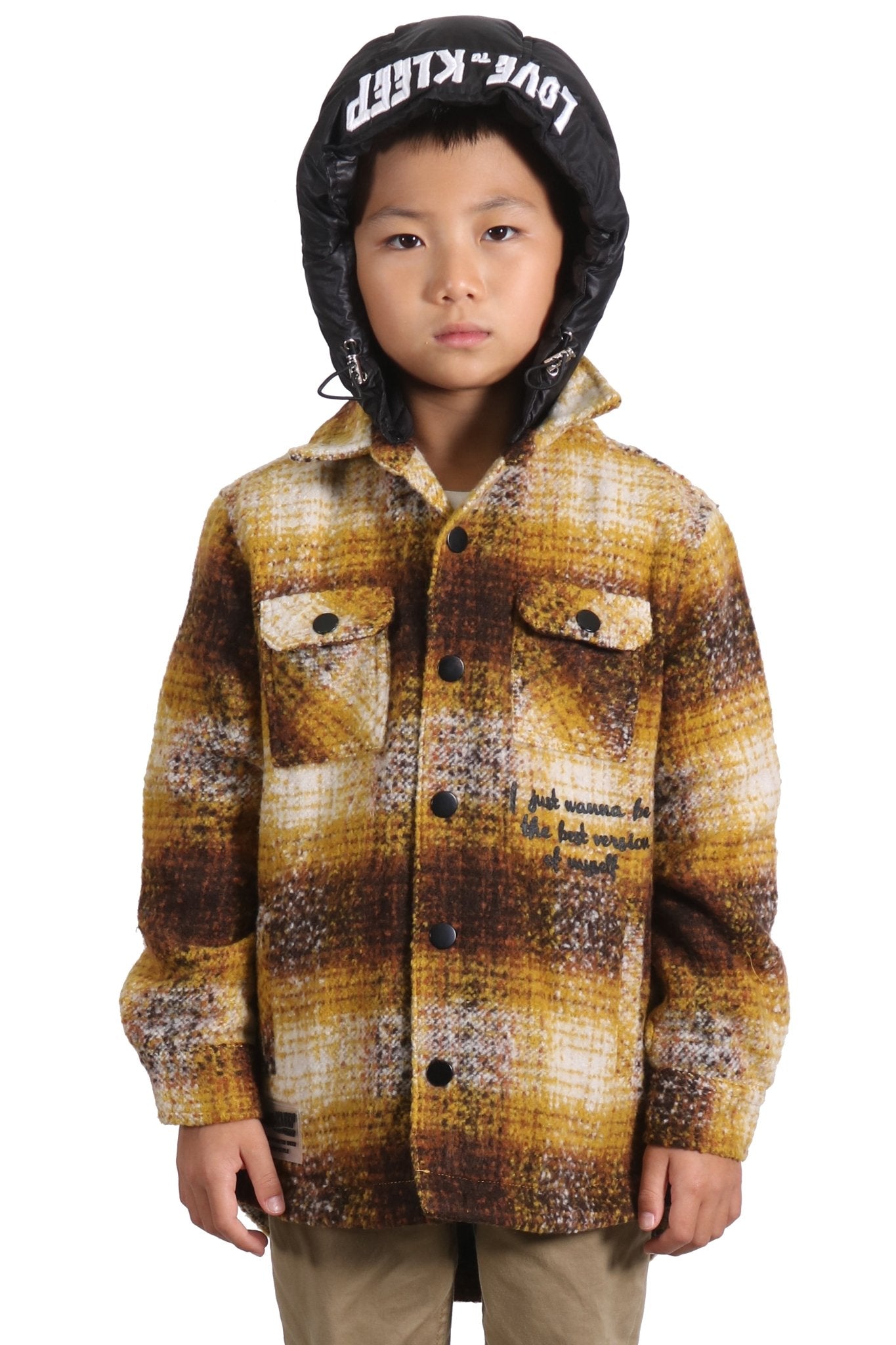 Camisa exterior de franela extragrande para niños BENIT con capucha acolchada desmontable