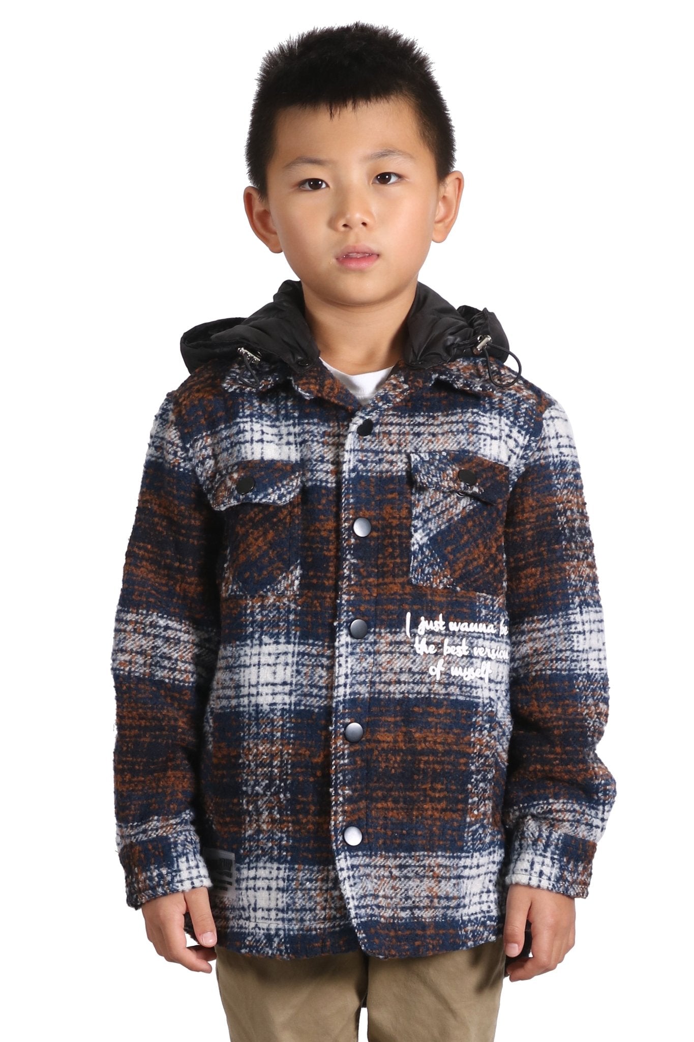 Camisa exterior de franela extragrande para niños REYNA con capucha acolchada desmontable