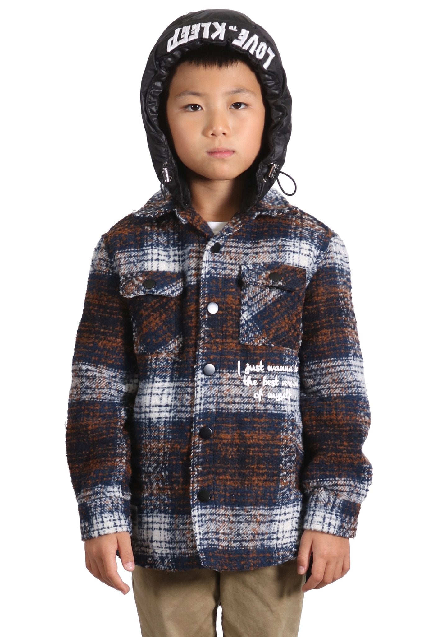 Camisa exterior de franela extragrande para niños REYNA con capucha acolchada desmontable