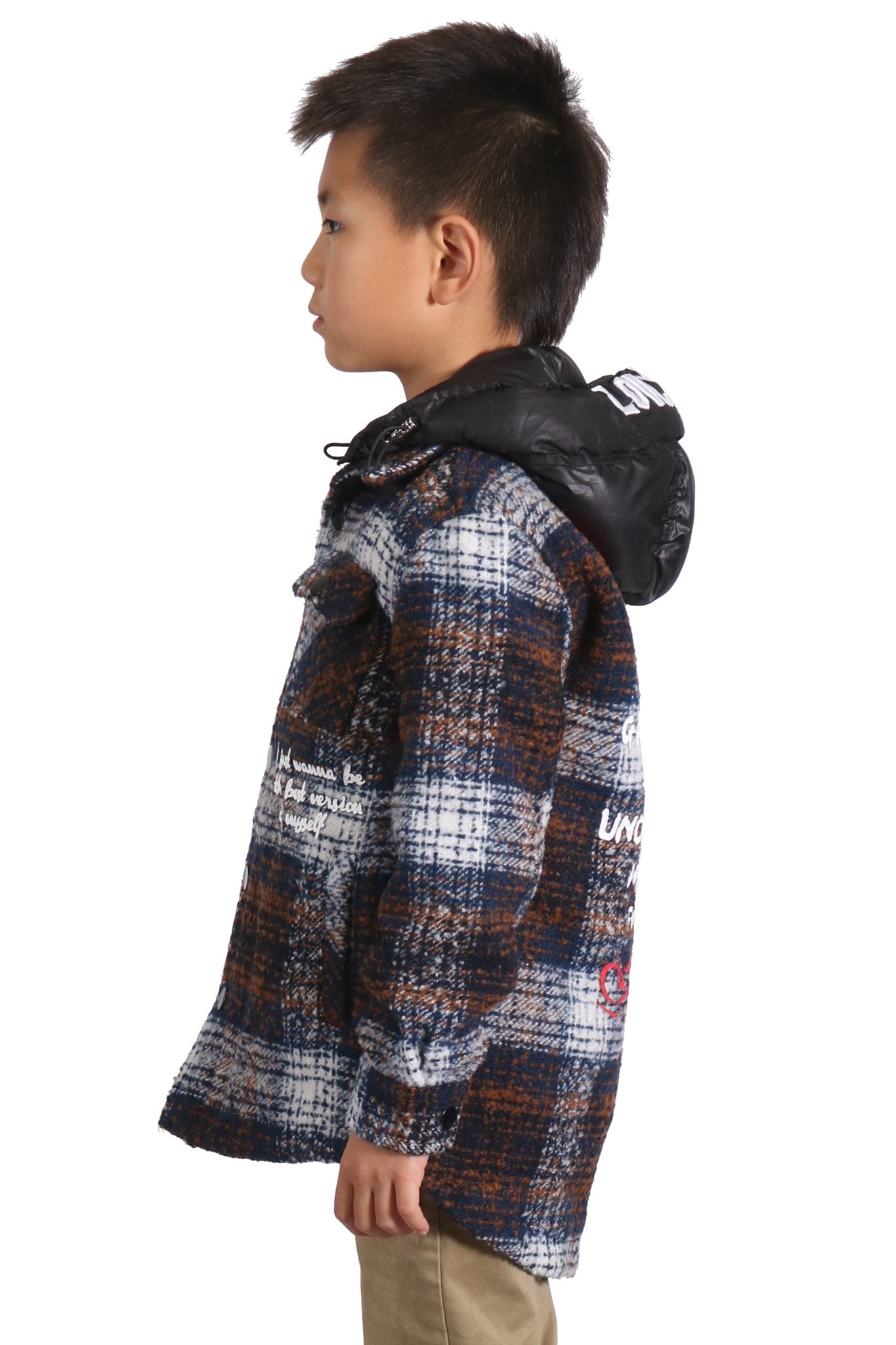 Camisa exterior de franela extragrande para niños REYNA con capucha acolchada desmontable