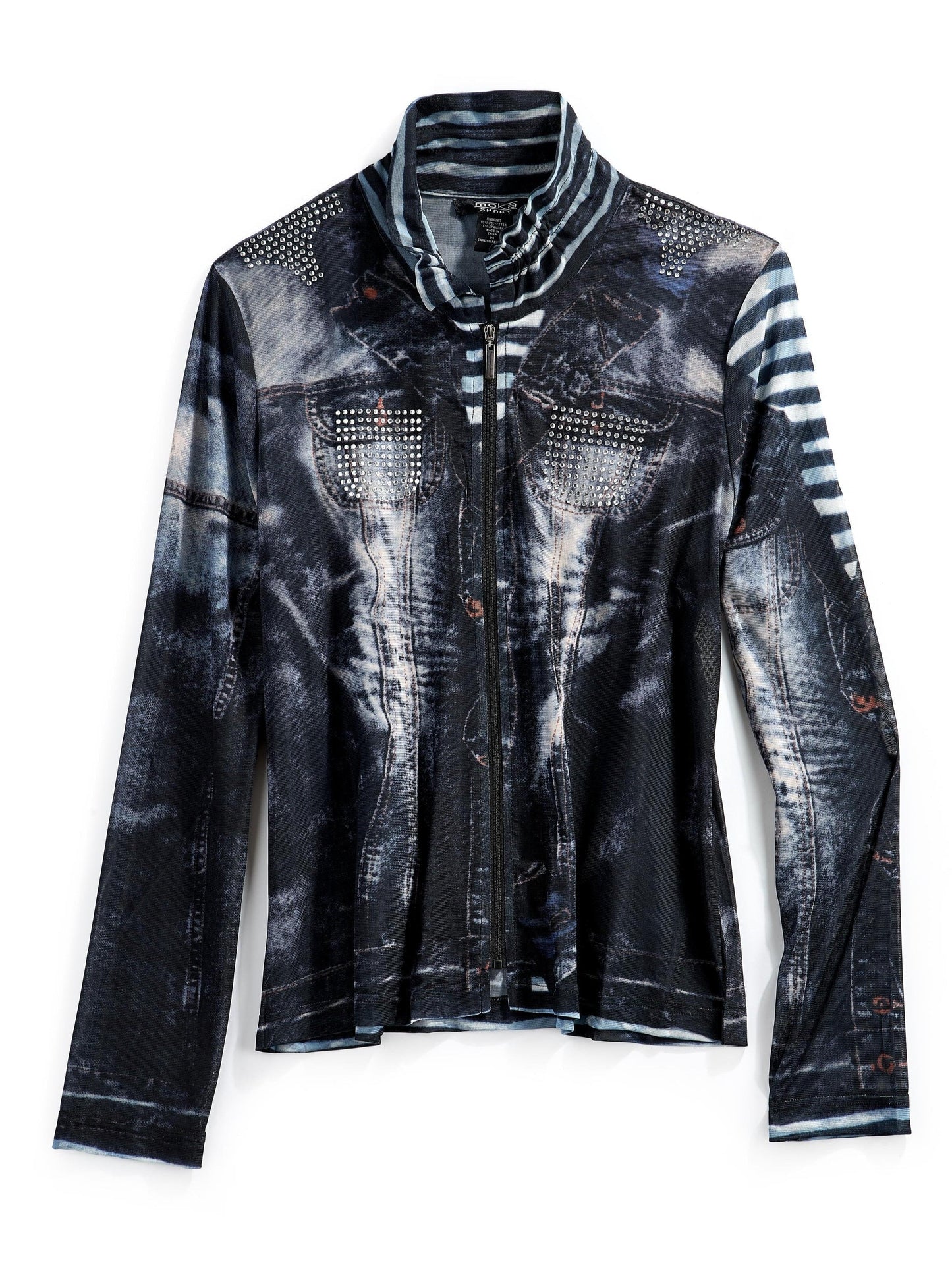 Women's Zip Front Mesh Denim Look Printed Jacket