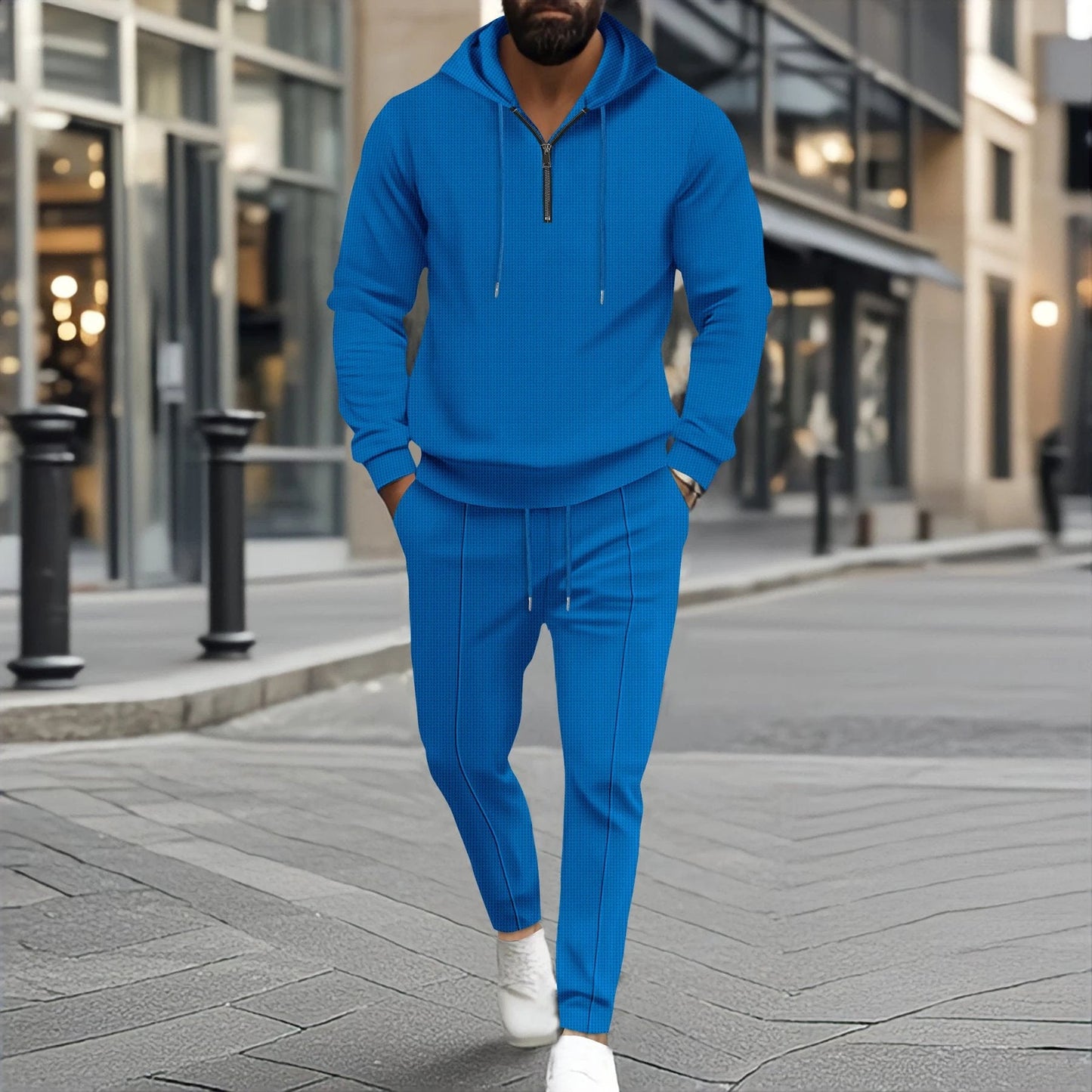 Traje de dos piezas con capucha y cremallera pequeña, informal, de manga larga y pantalón