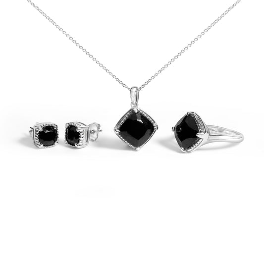 Juego de joyería de 3 piezas de plata de ley con ónix cojín, que incluye anillo, pendientes y colgante con cadena de cable de 18 pulgadas.