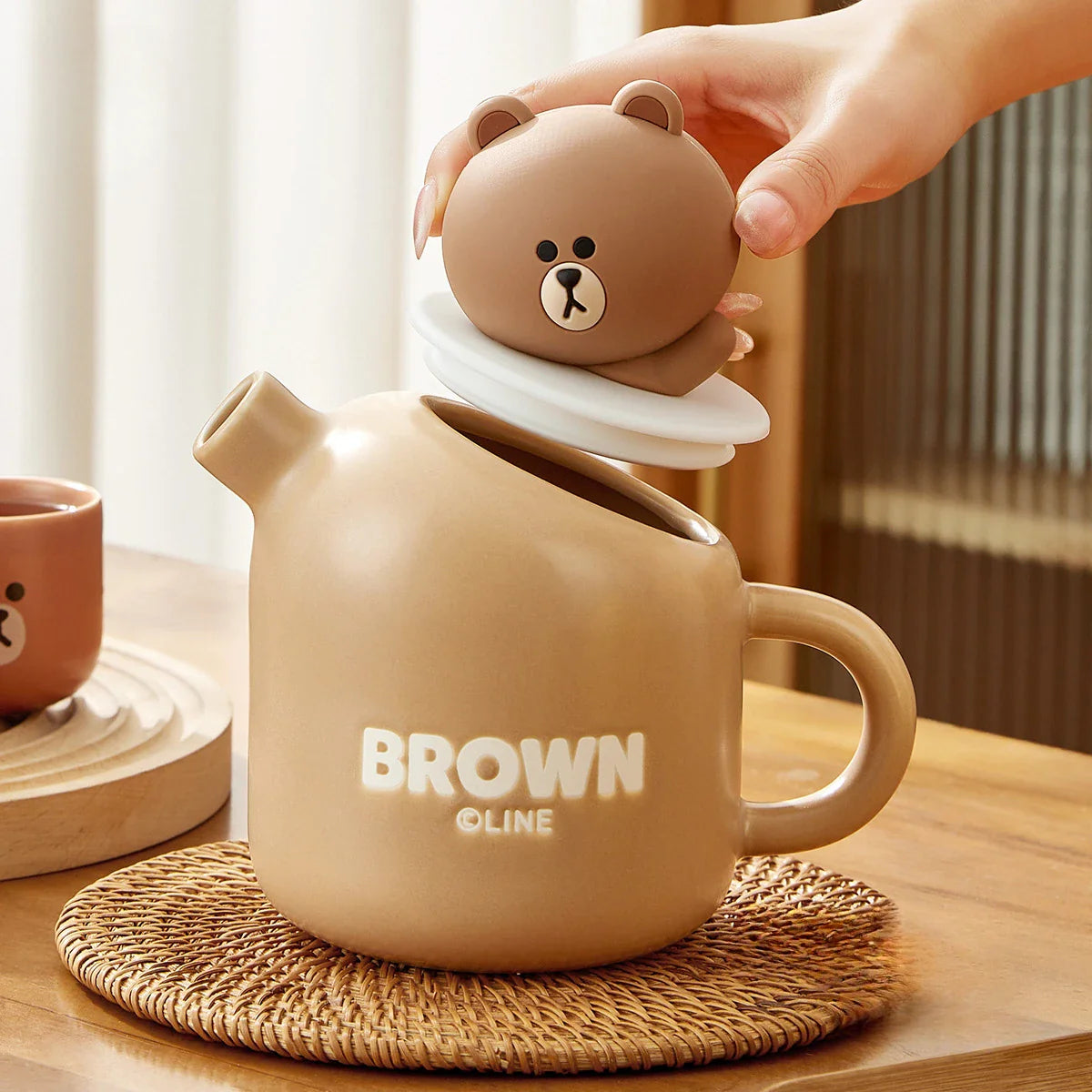Tetera y tazas de oso de peluche de cerámica