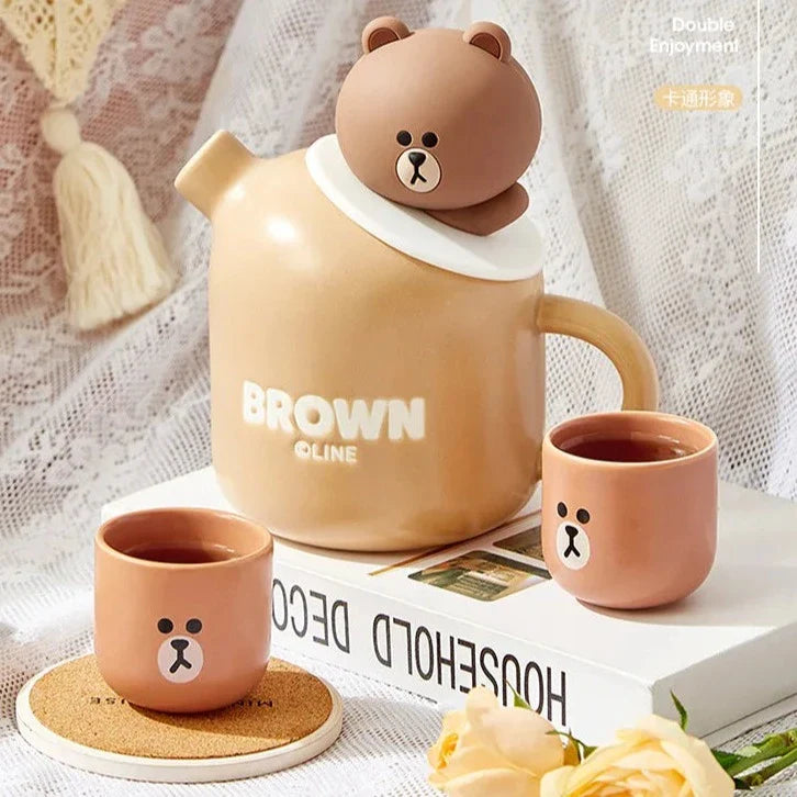 Tetera y tazas de oso de peluche de cerámica