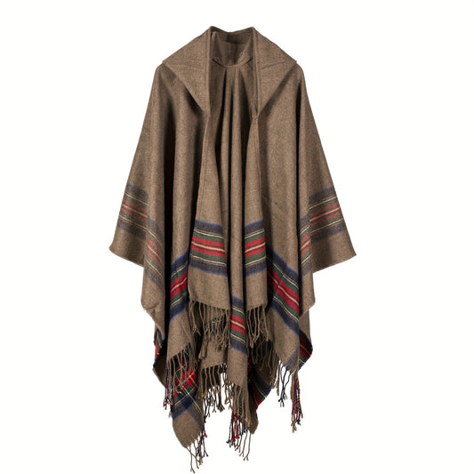 Cárdigan escocés extragrande con capucha - Chal de rayas de moda con borlas de lujo - Acogedor, resistente al viento y al frío para exteriores en otoño e invierno - Una manta de felpa tipo chal.
