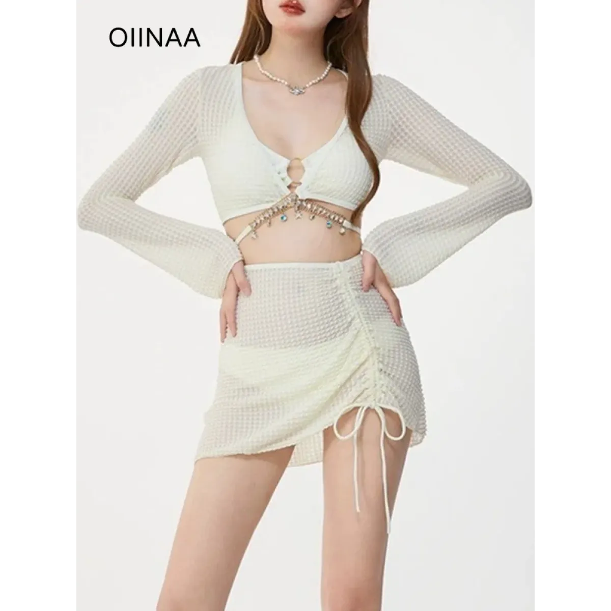 Conjunto de bikini de malla color marfil con cadena – Traje de baño de manga larga con cordones