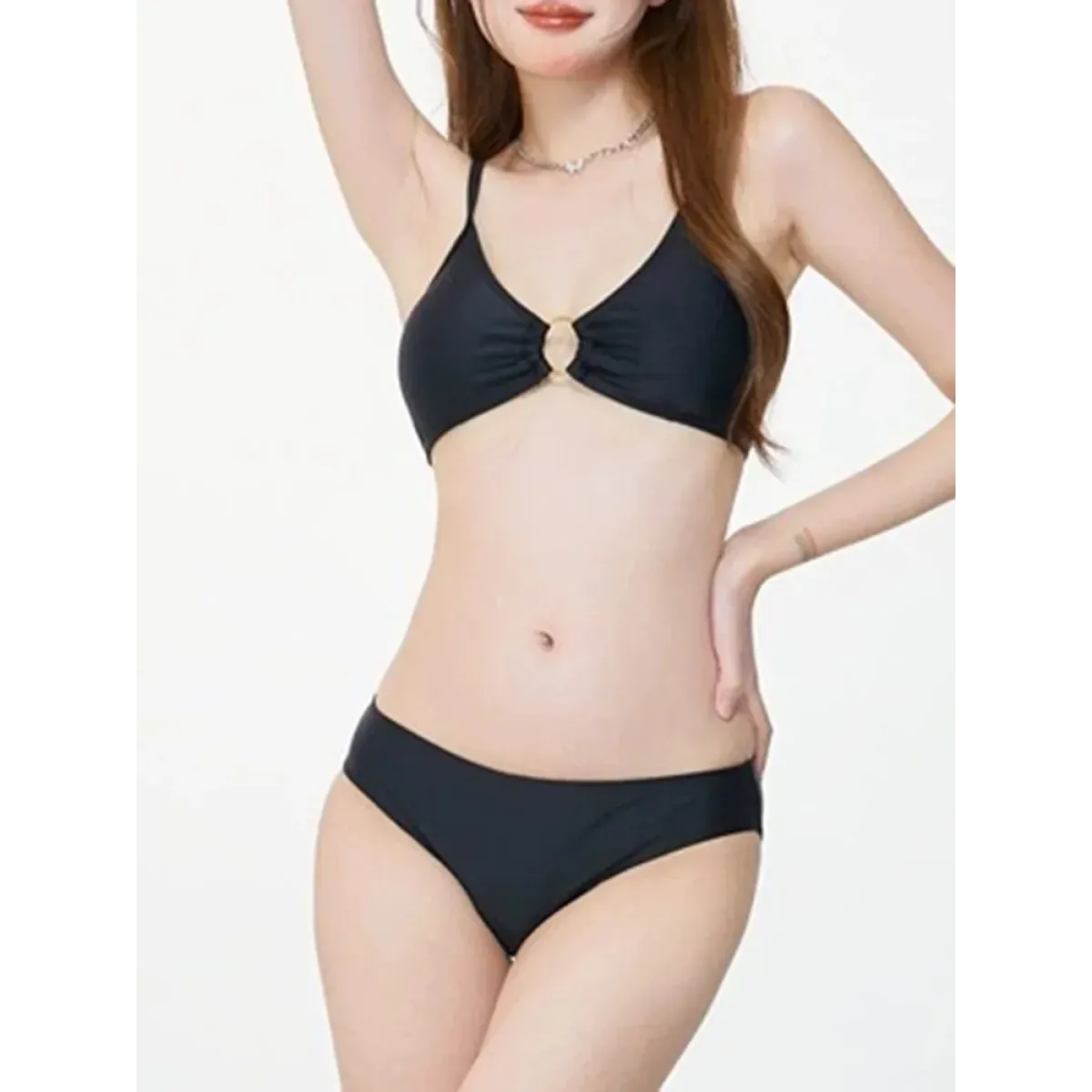 Conjunto de bikini de malla color marfil con cadena – Traje de baño de manga larga con cordones