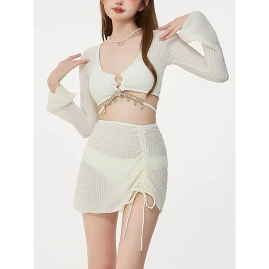 Conjunto de bikini de malla color marfil con cadena – Traje de baño de manga larga con cordones